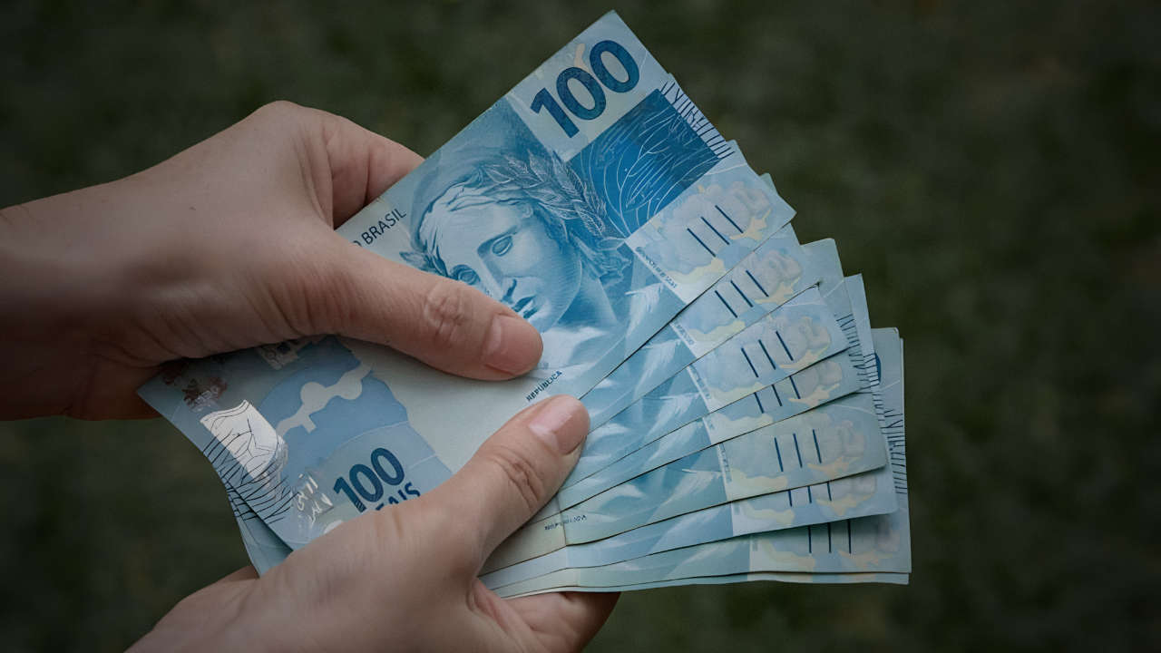 Mãos segurando notas de 100 reais