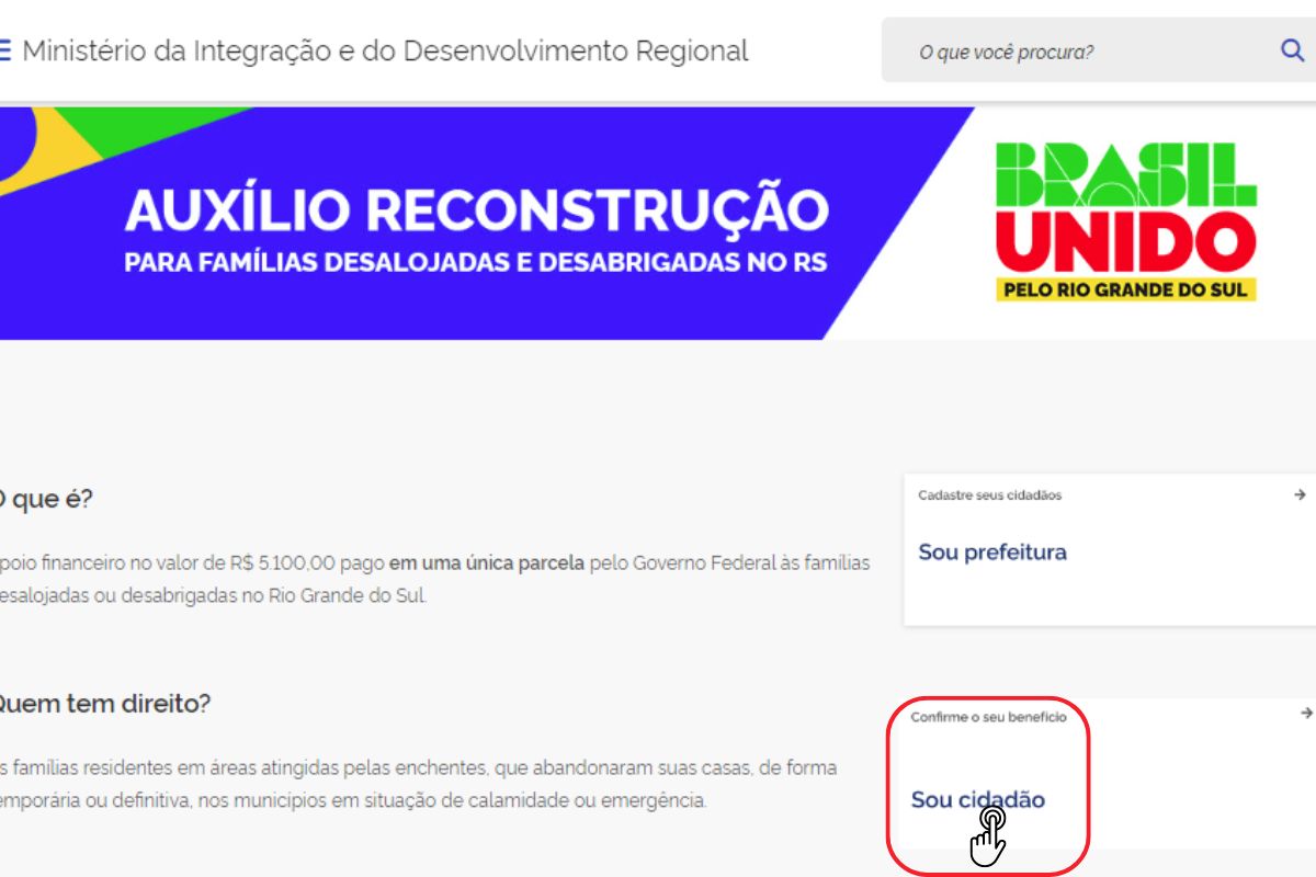 Tela do site em que o Governo Libera R$ 5.100 para Famílias Desabrigadas