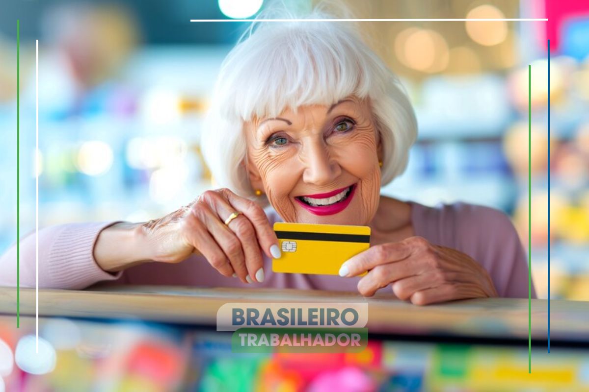 Uma mulher feliz com seu cartão após ver que Governo autoriza novo auxílio de R$ 434,59 para idosos
