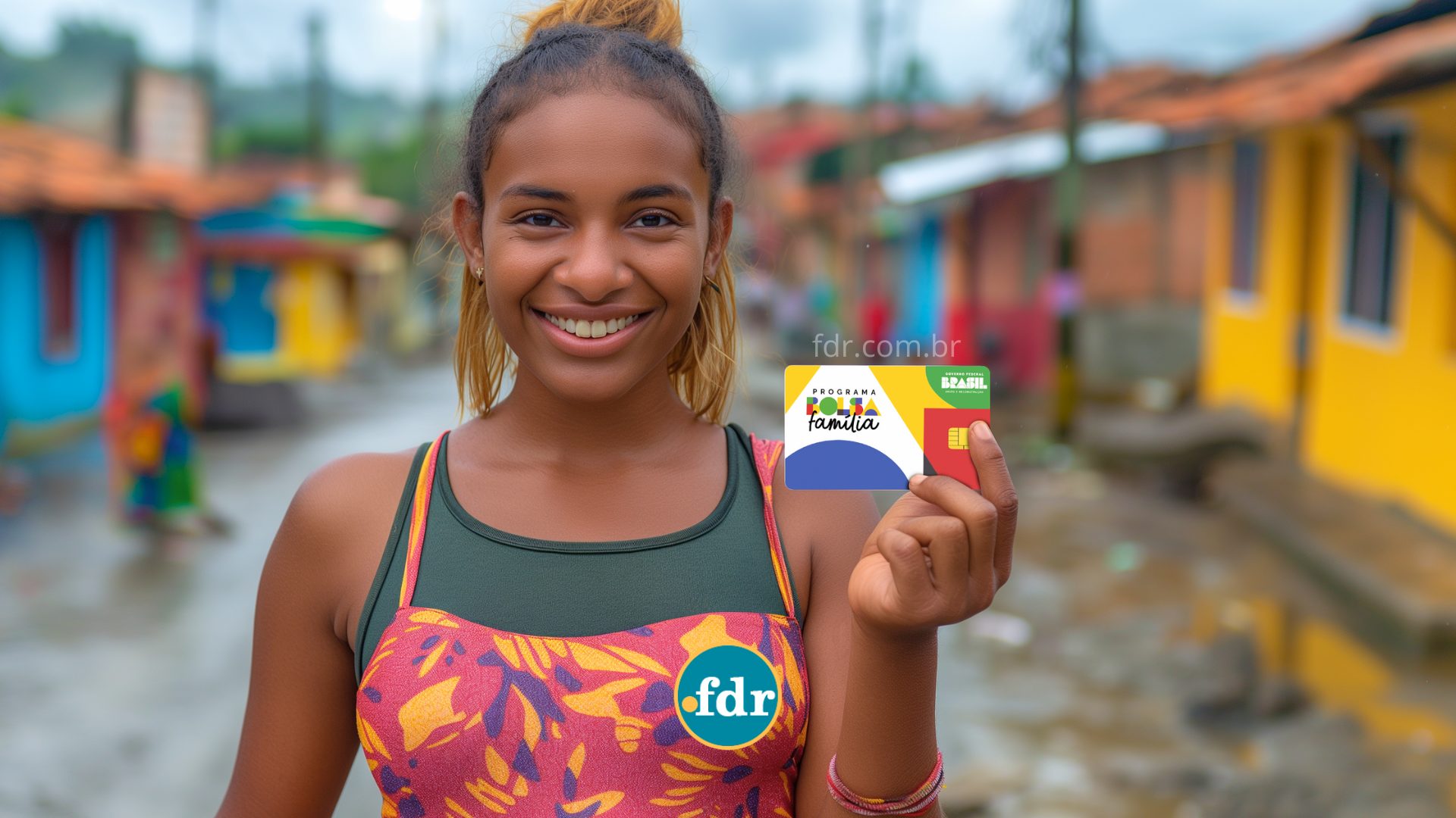 Jovem segurando cartão do Bolsa Família em favela