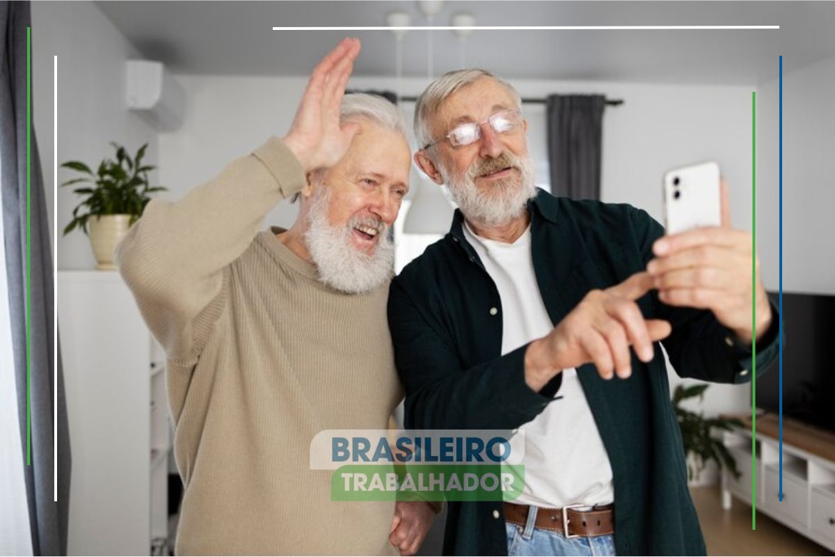 Dois amigos comemorando após verem que Idosos podem ganhar PIX