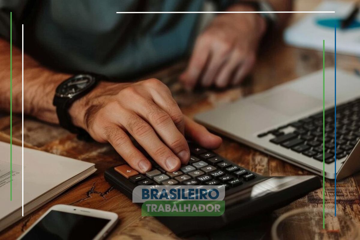 Um rapaz usa a calculadora enquanto está na frente do seu notebook vendo como transferir dívida do cartão de crédito