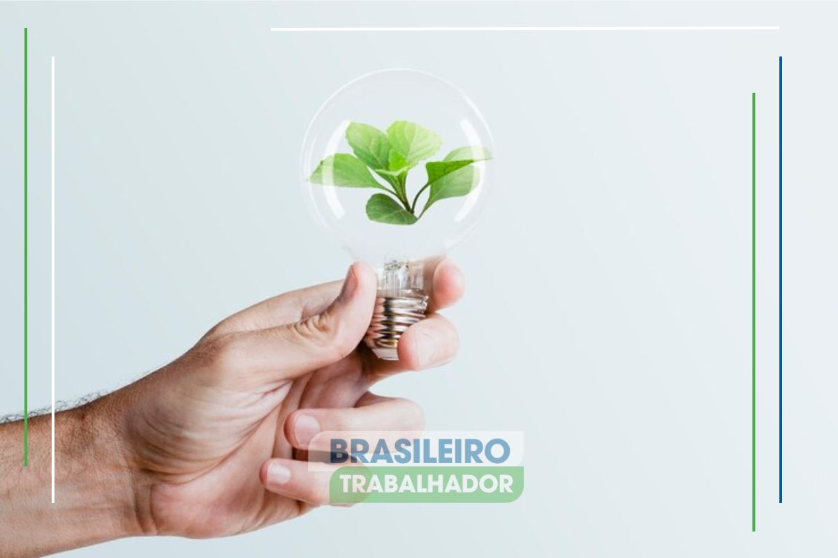 Uma pessoa segurando uma lâmpada ilustrativa representando o Desconto de 65% na conta de energia 