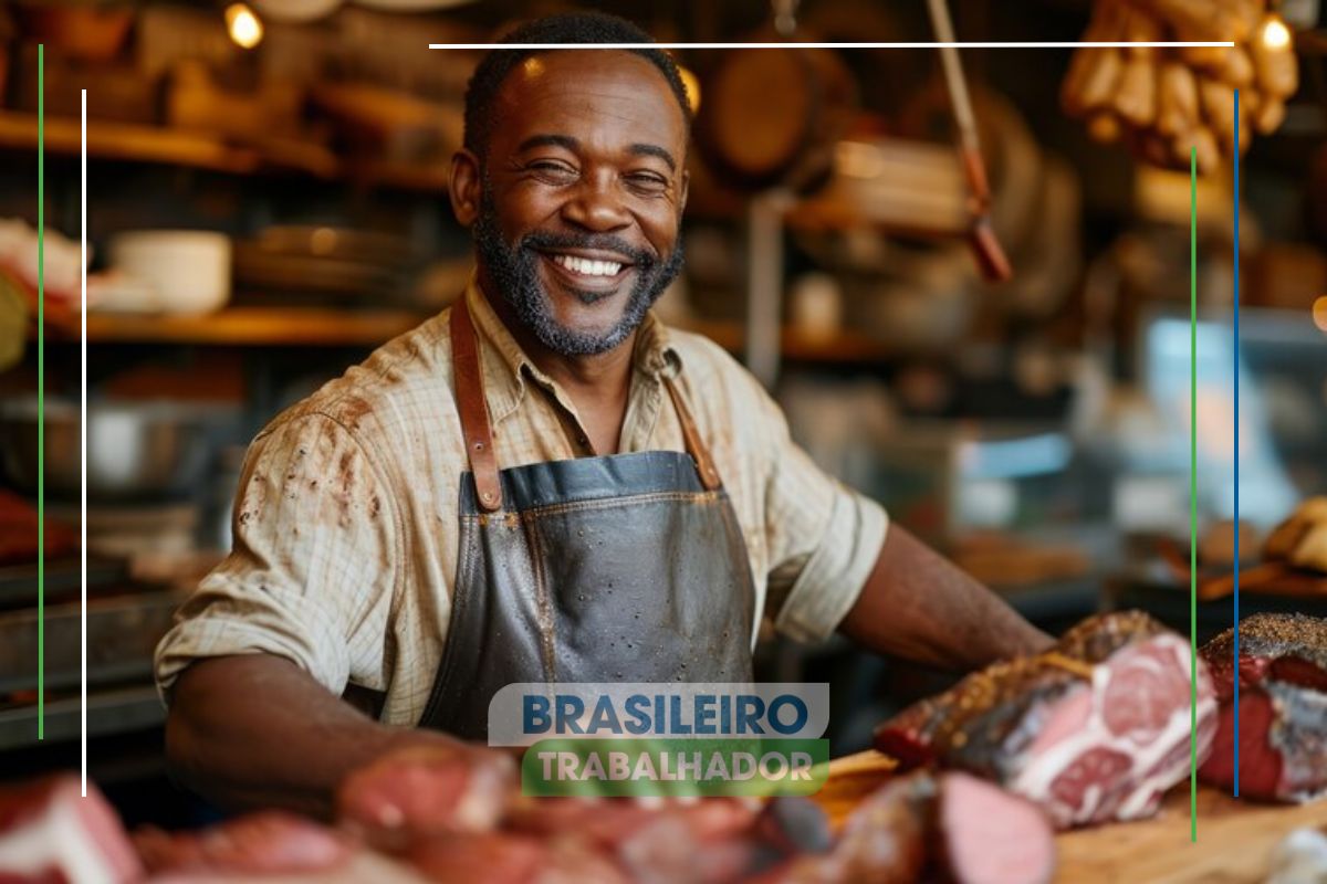 Um açougueiro no balcão mostrando uma carne macia e barata que ninguém compra