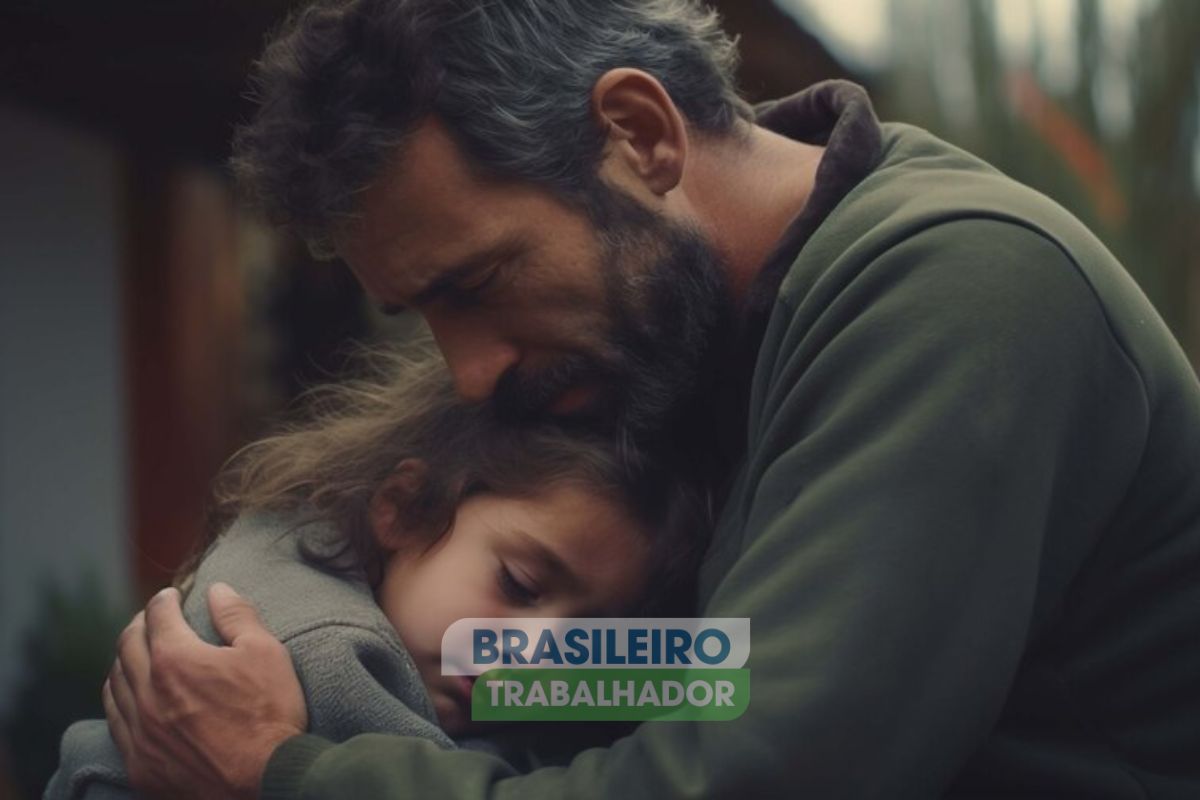 Um pai abraça sua filha triste após ver que o Governo Lula Corta INSS e Bolsa Família