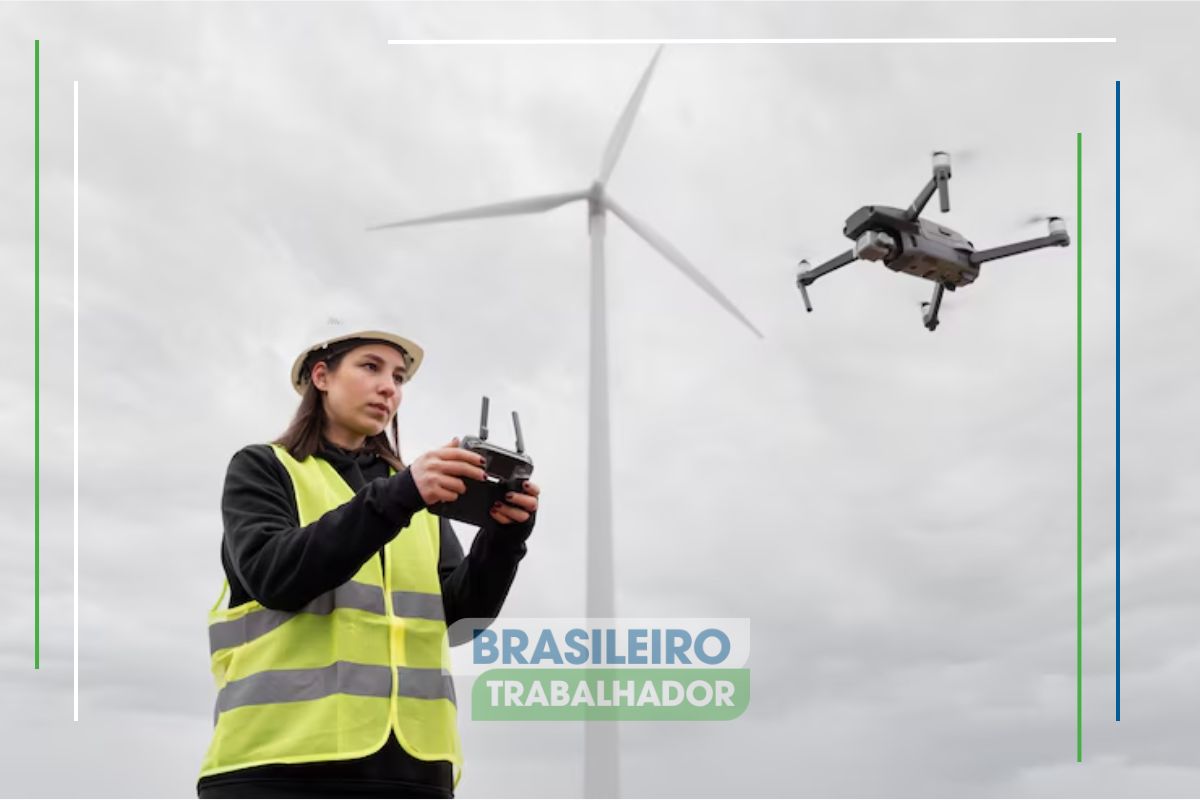 Um Piloto de Drone pilotando um drone ao ar livre com equipamento de segurança