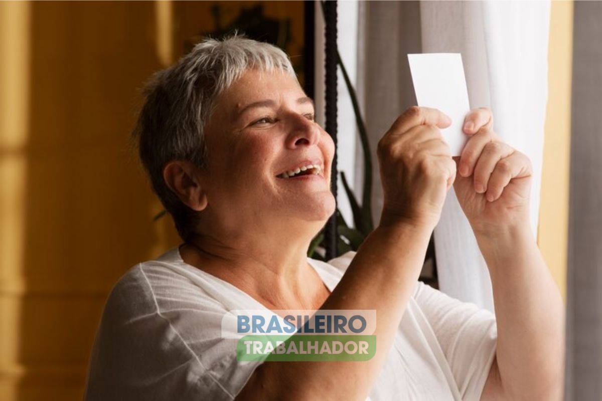 Uma senhora olha feliz para o céu e comemora porque o INSS libera aposentadoria antes da idade mínima!