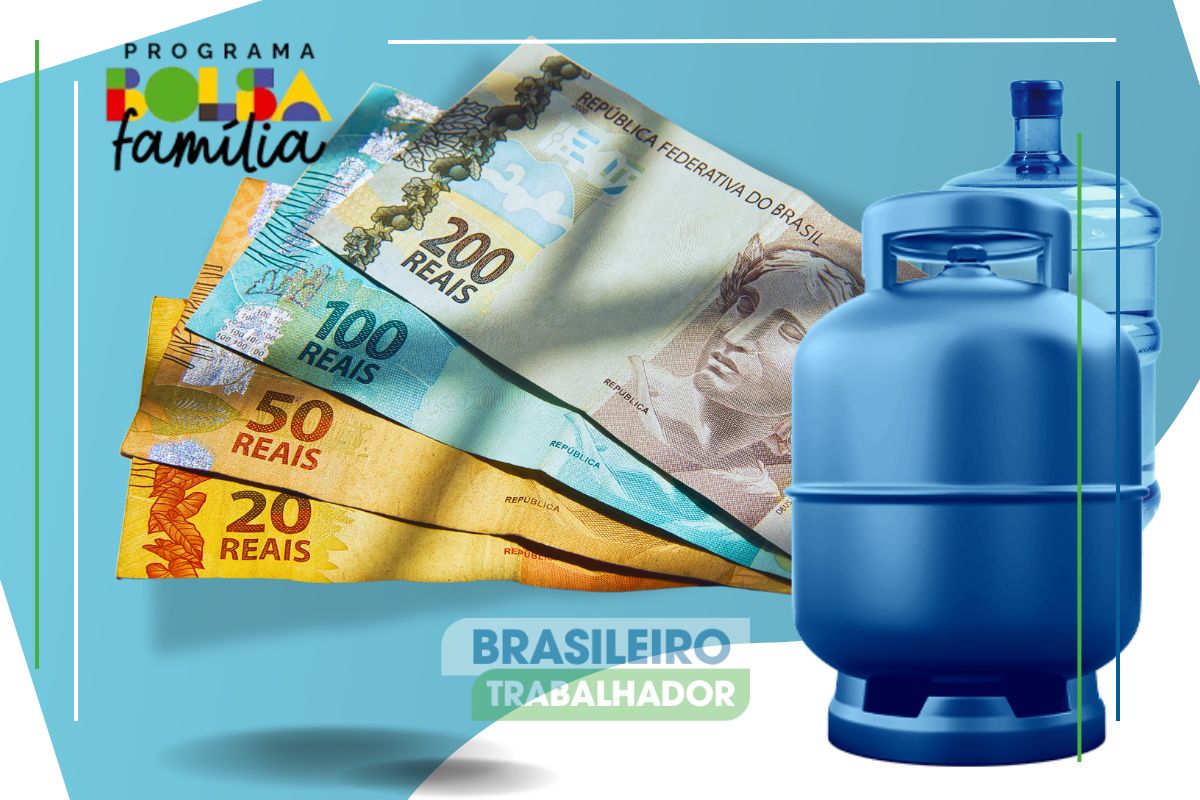 Imagem ilustrativa com gás, um galão d'água atrás e algumas marcas. Este conjunto representa que o AUXÍLIO-GÁS está de volta em outubro