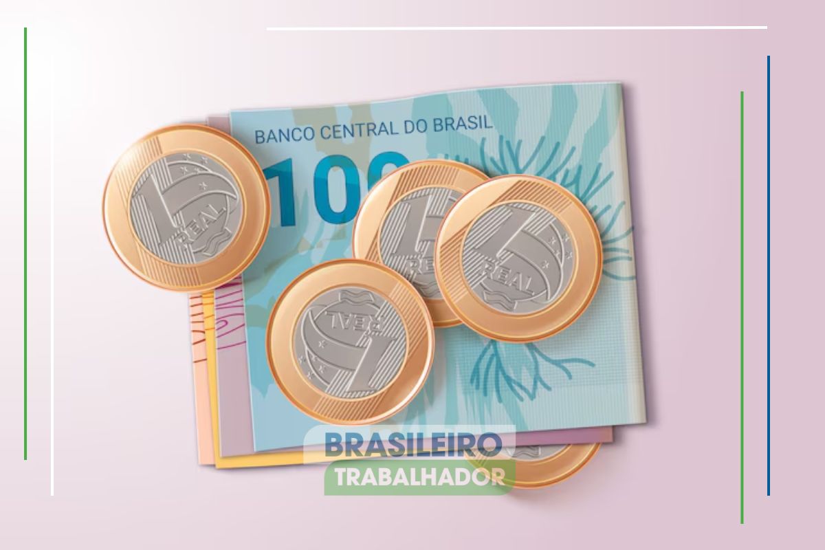 Ilustração de algumas notas de reais e moedas em cima da mesa, representando que o INSS ajusta valores com novo salário mínimo de 2025