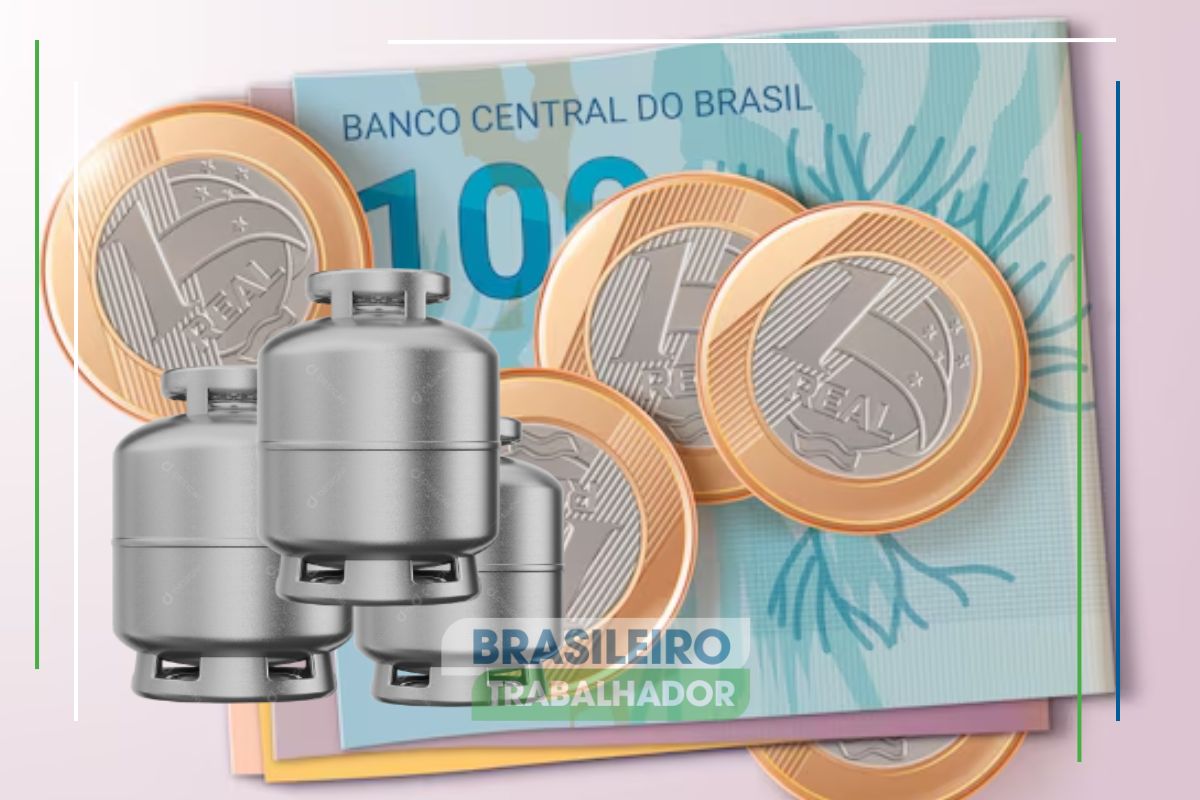 Imagem de notas de reais e do auxílio vale-gás disponível em outubro