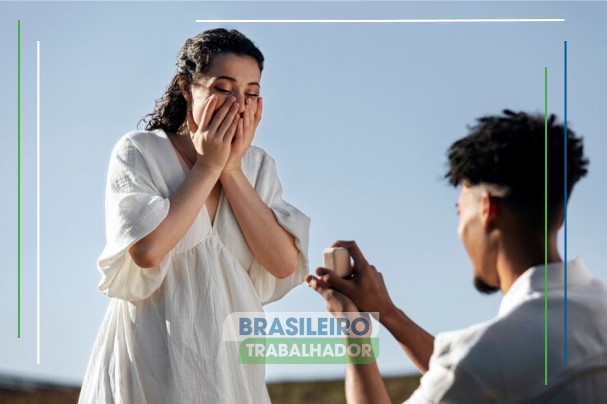 Uma mulher sendo pedida em casamento com a mão na boca surpresa enquanto o noivo está ajoelhado com a aliança na mão. Ela pensa se Casar afeta o valor do Bolsa Família