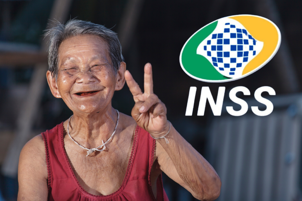 Uma senhora PCD ao lado do logo do INSS