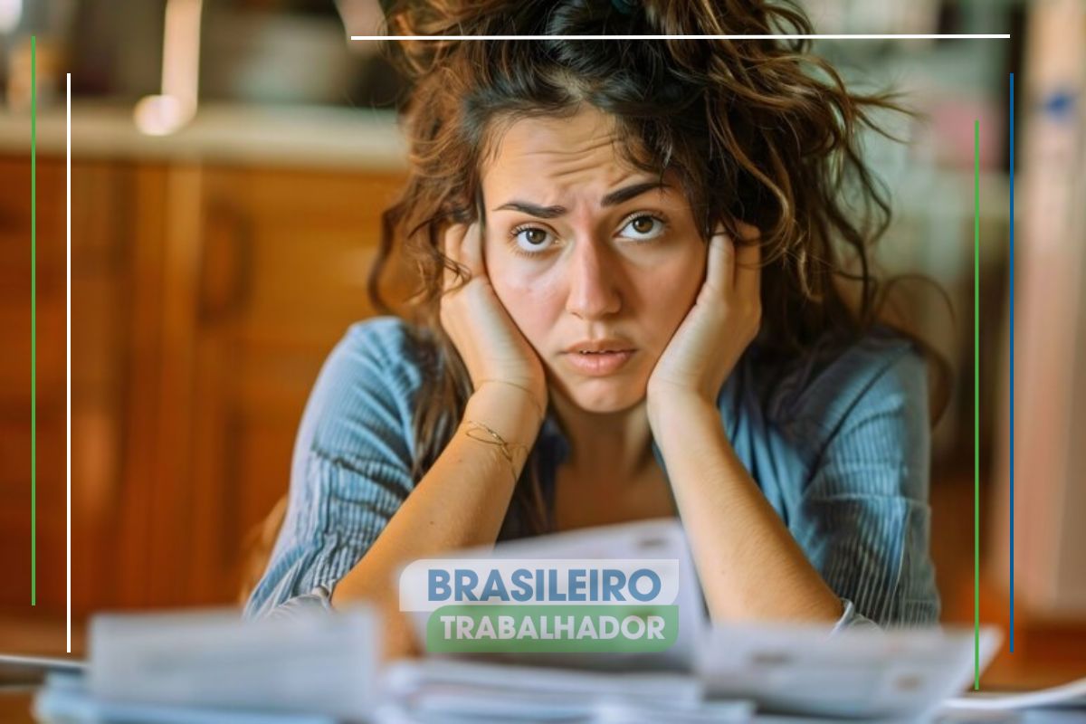 Uma mulher com os cotovelos apoiados na mesa, onde há diversas faturas. Ela está triste e preocupada, pois, está entre os milhões de brasileiros com CPF irregular