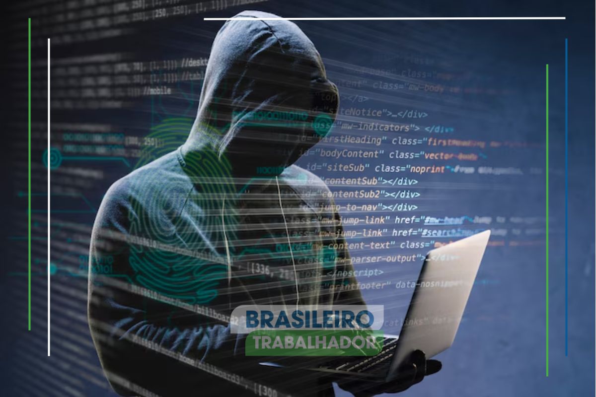 Um hacker em seu notebook enquanto os Números de golpes aumentam. É possível ver diversos algoritmos na tela