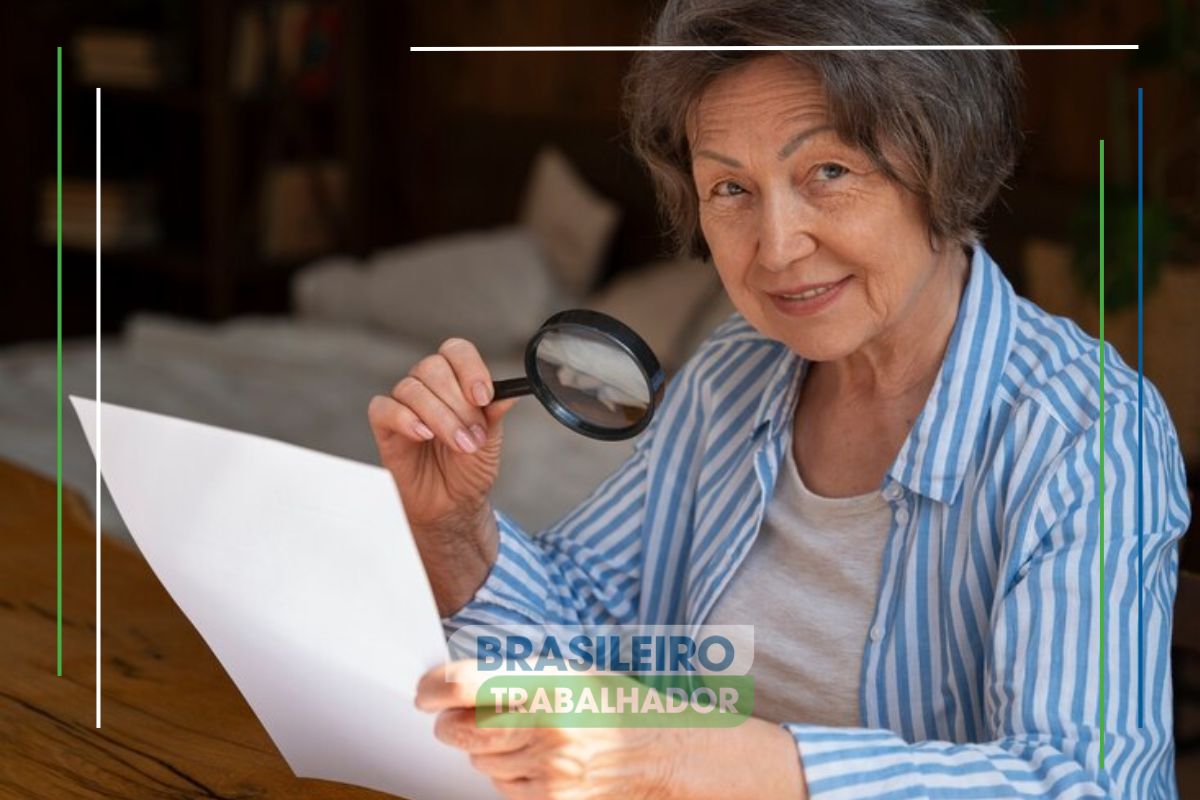 Uma mulher idosa com a lupa olha uma folha onde o INSS libera calendário de pagamentos para 2025