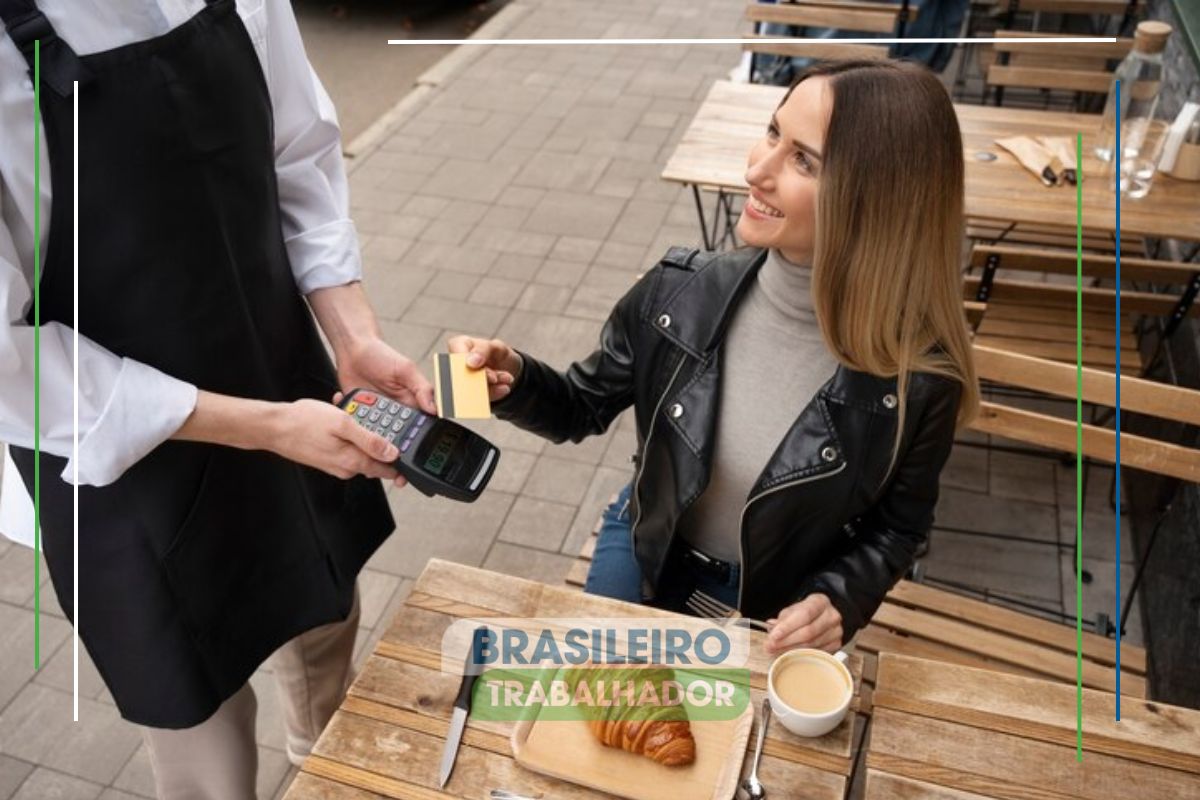 Imagem de uma mulher pagando a conta e pedindo a Nota fiscal paulista libera R$ 40 mi para consumidores