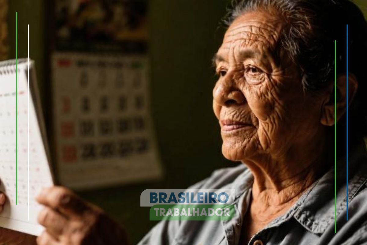 Uma senhora olha o calendário do 13º salário do INSS