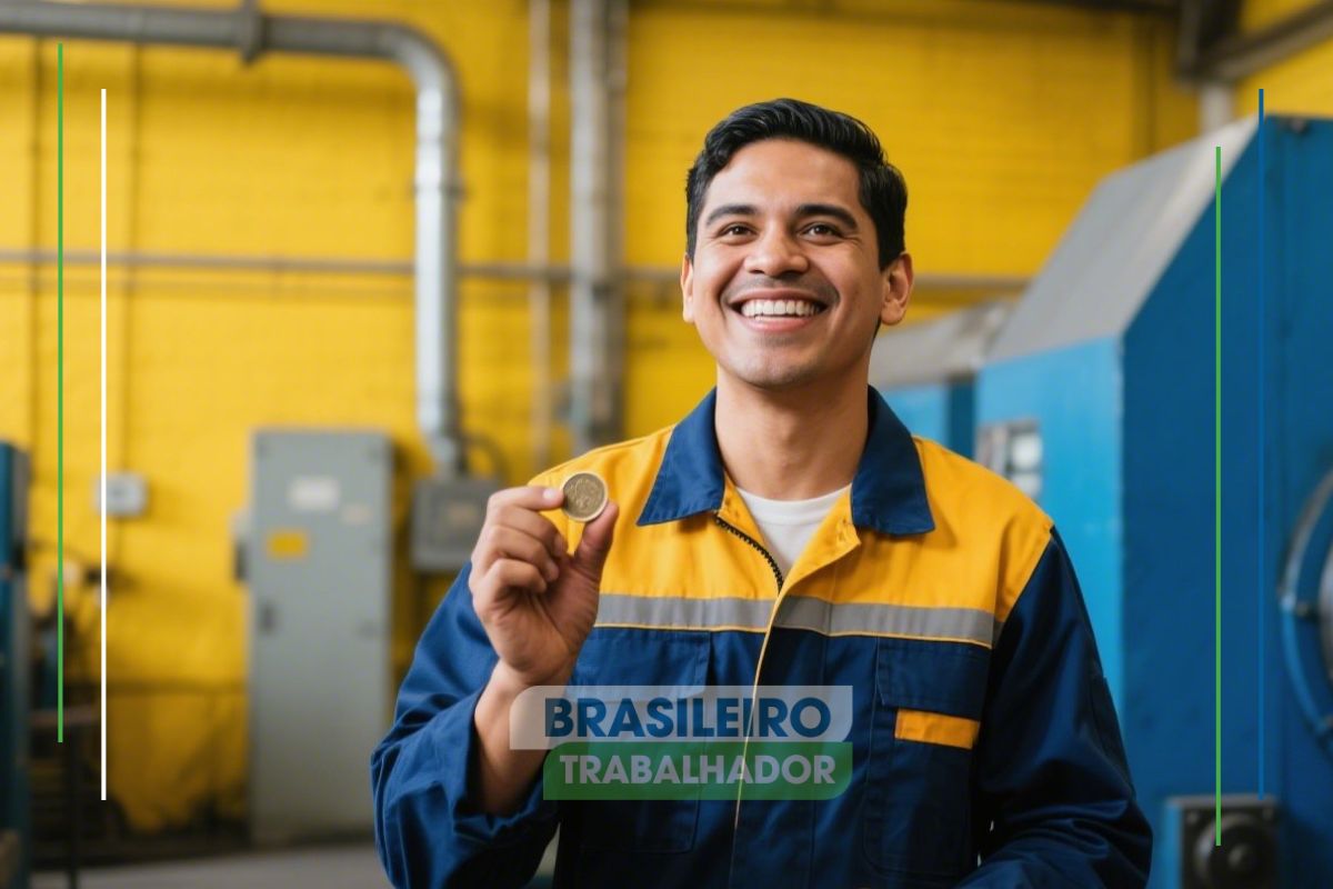 Um trabalhador feliz com uma moeda na mão, representando o Salário mínimo Brasil 2025