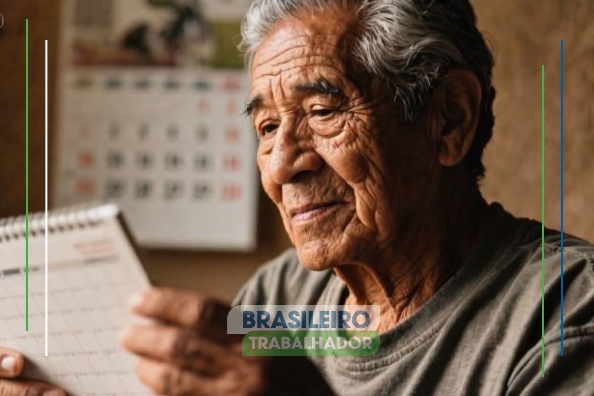 Um senhor entre os aposentados com 65 anos ou mais, olha o calendário atentamente