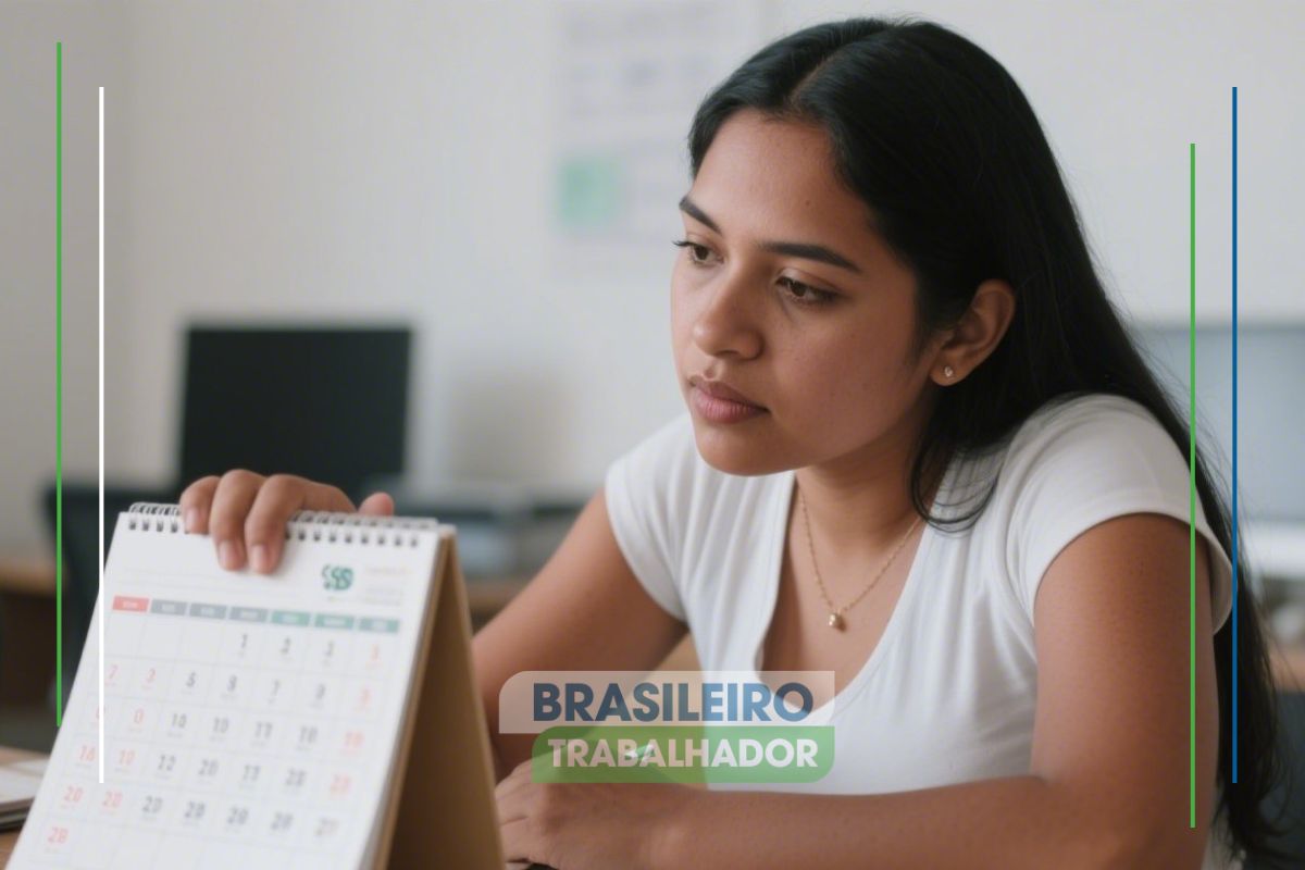 Uma moça em frente a um calendário espera receber a restituição do Imposto de Renda 2025
