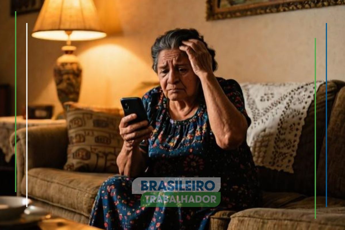 Uma senhora segurada do INSS sentado no sofá com a mão na cabeça