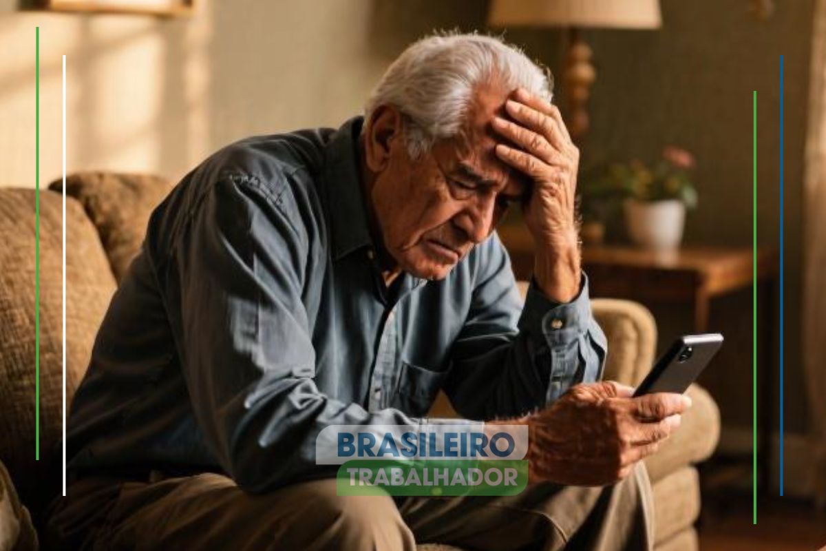Um senhor segurado do INSS sentado no sofá com a mão na cabeça