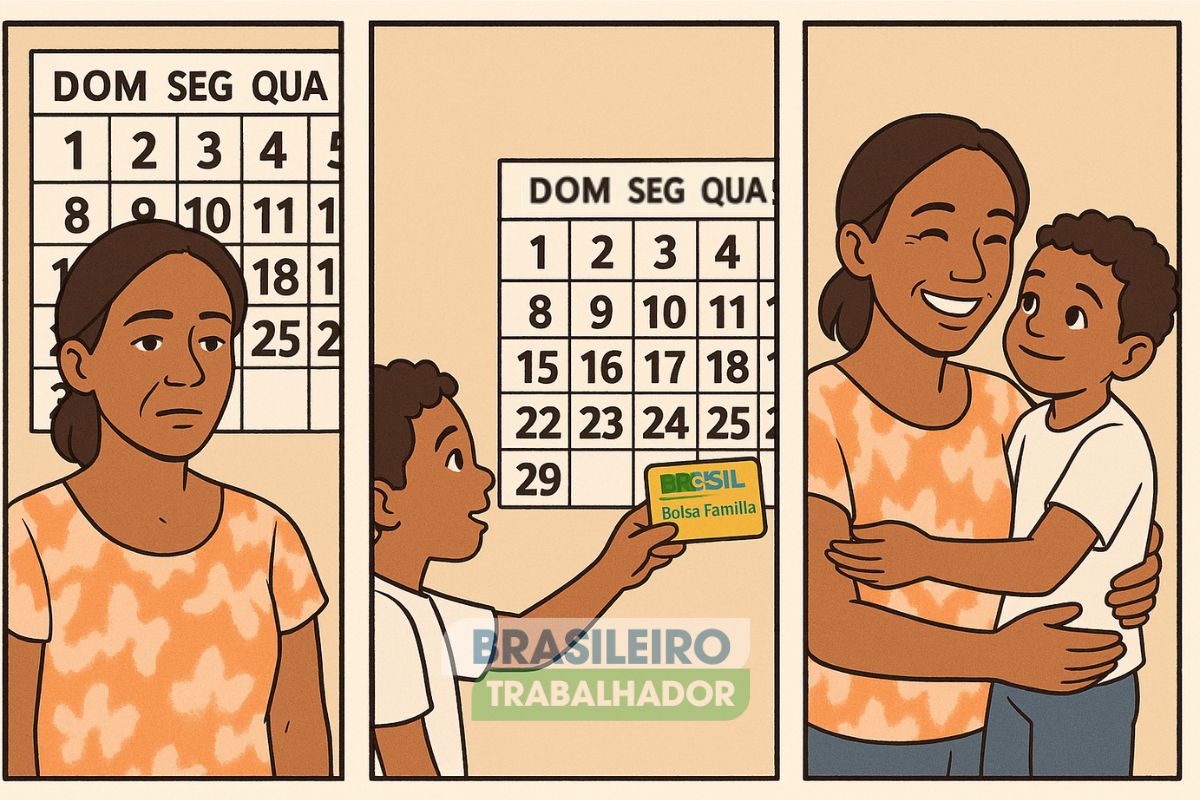 Ilustração de uma mãe recebendo o Bolsa Família em Maio