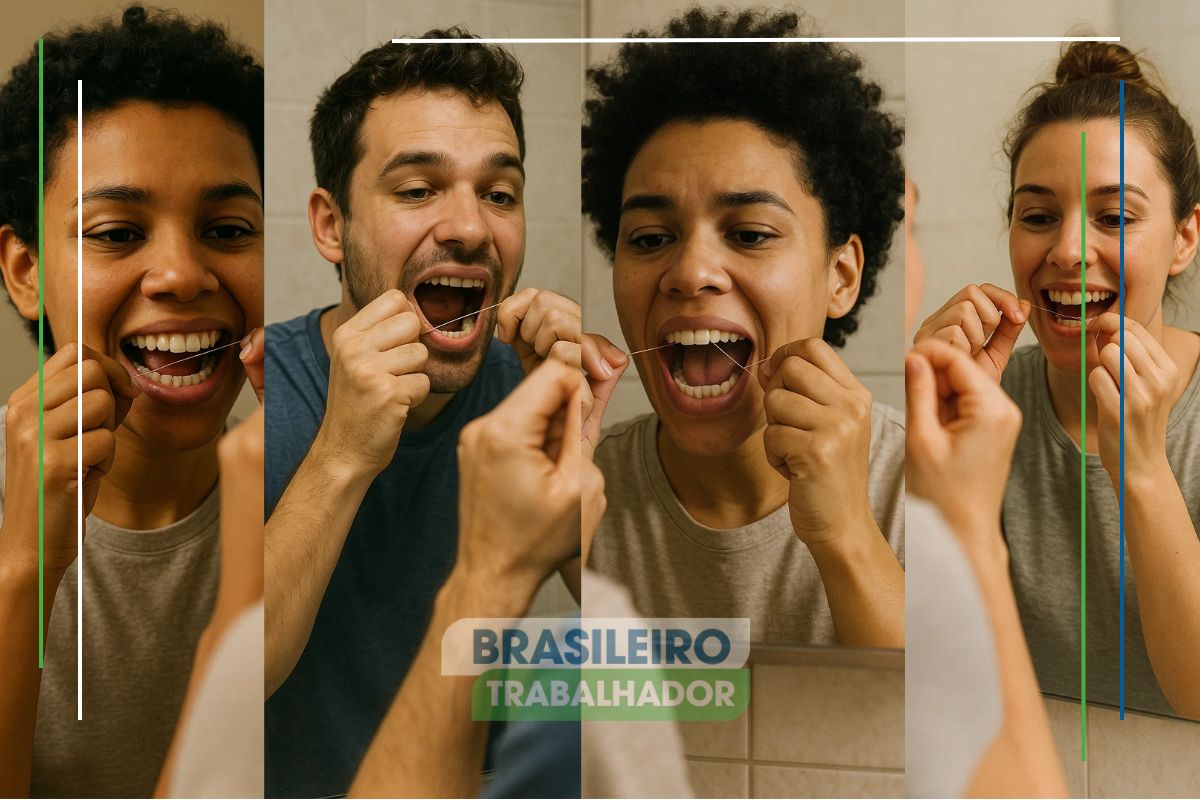 4 pessoas em frente ao espelho passando Fio-dental na boca