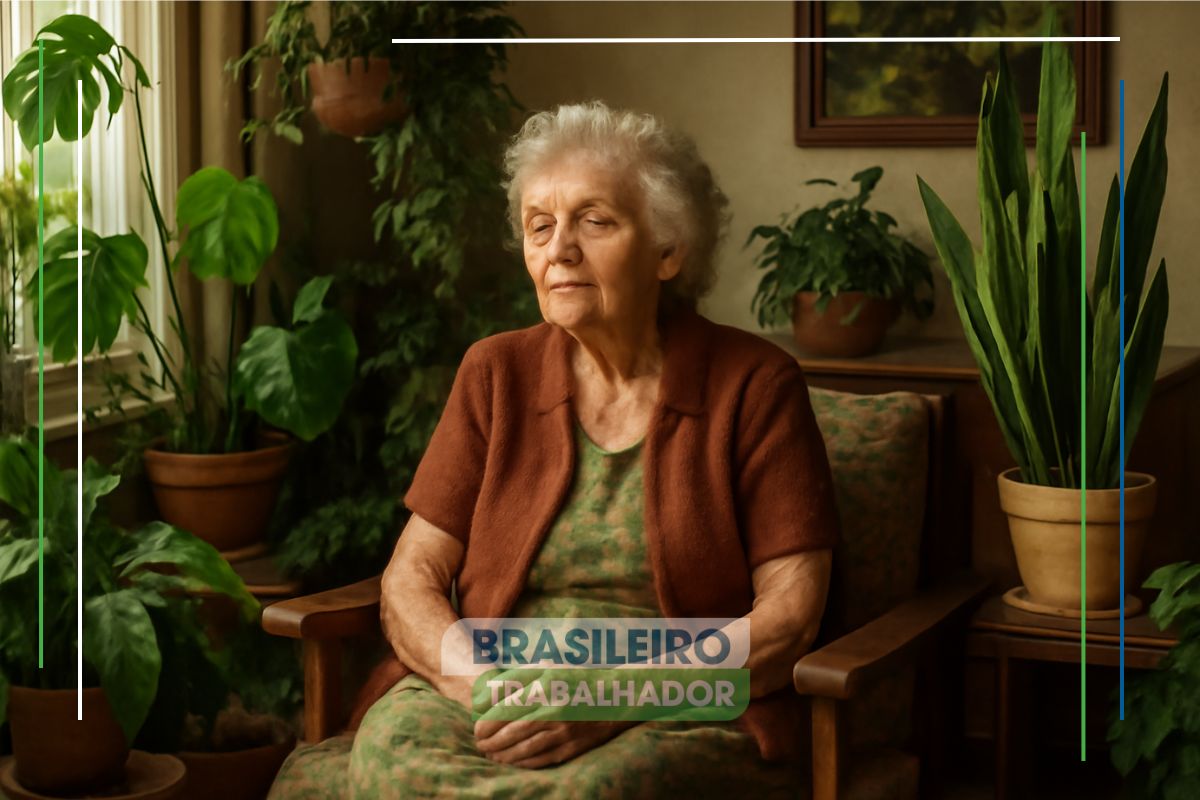 Uma senhora sentada com muitas plantas em casa