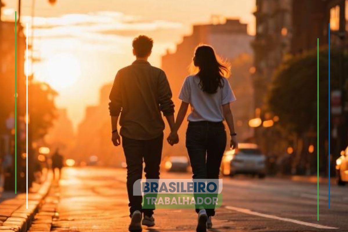 Um casal caminha junto e mostra seu nível de amor