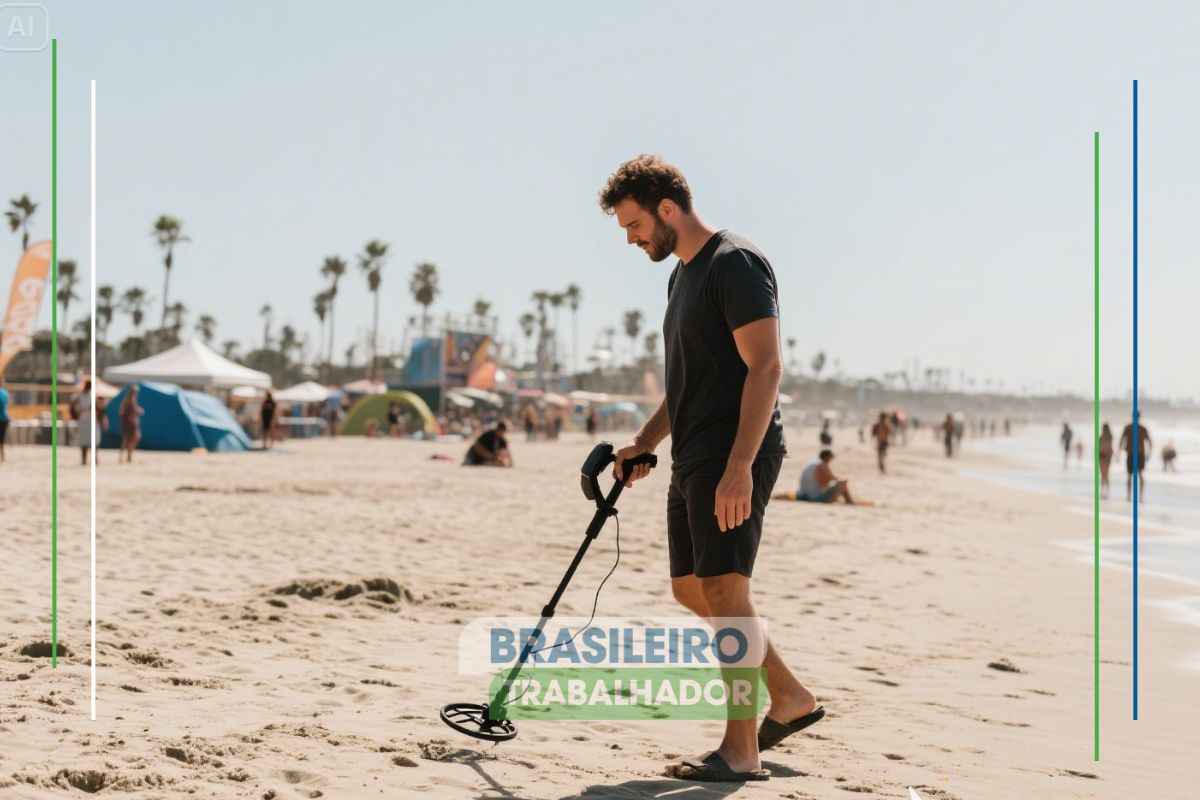 Um homem com detector de metal na praia após o Show de Lady Gaga