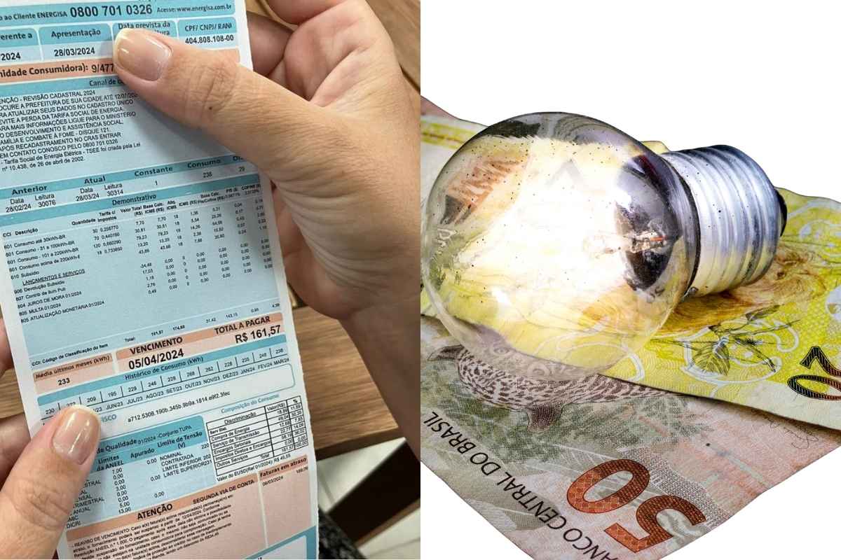 Conta de luz ao lado uma lâmpada com notas de 20 e 50 reais